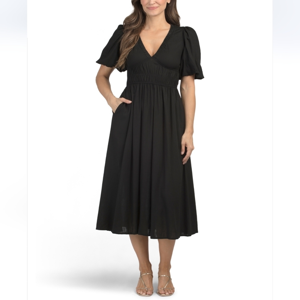 White Closet Black Linen Blend Puff Sleeve Midi Dress